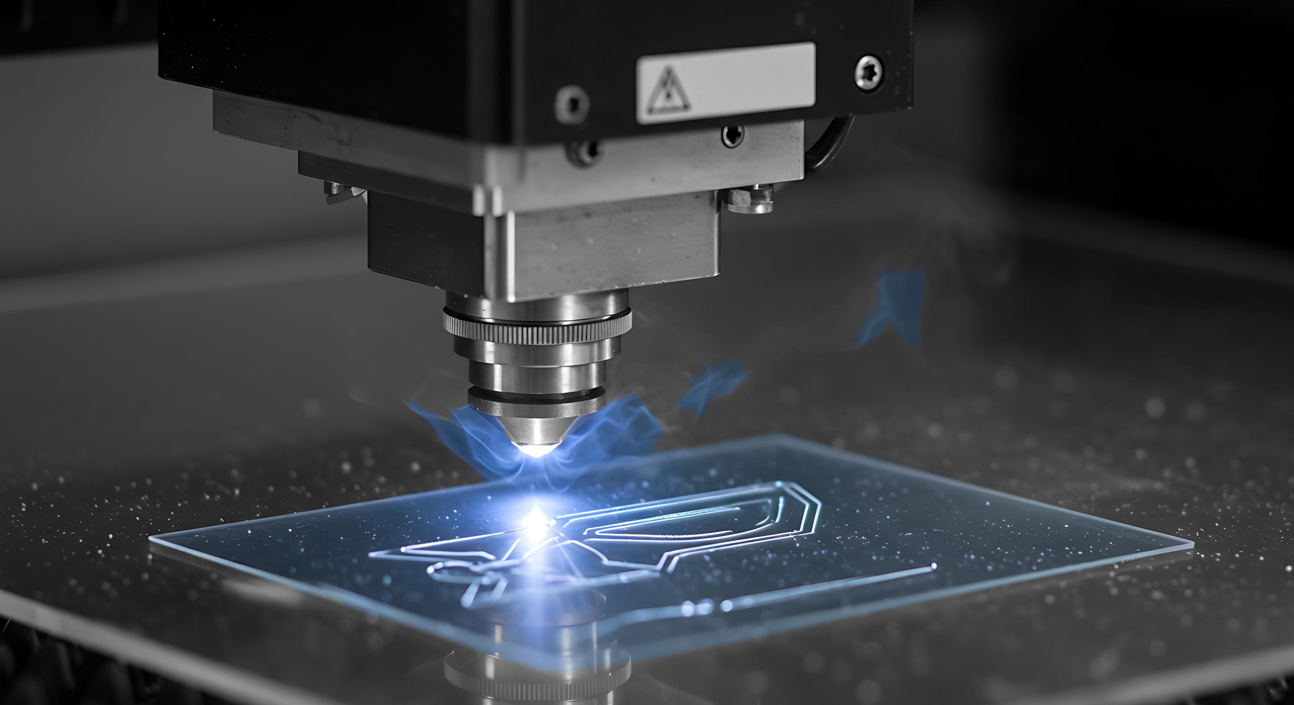 Intricate pattern being laser-engraved on to a piece of translucent plastic.