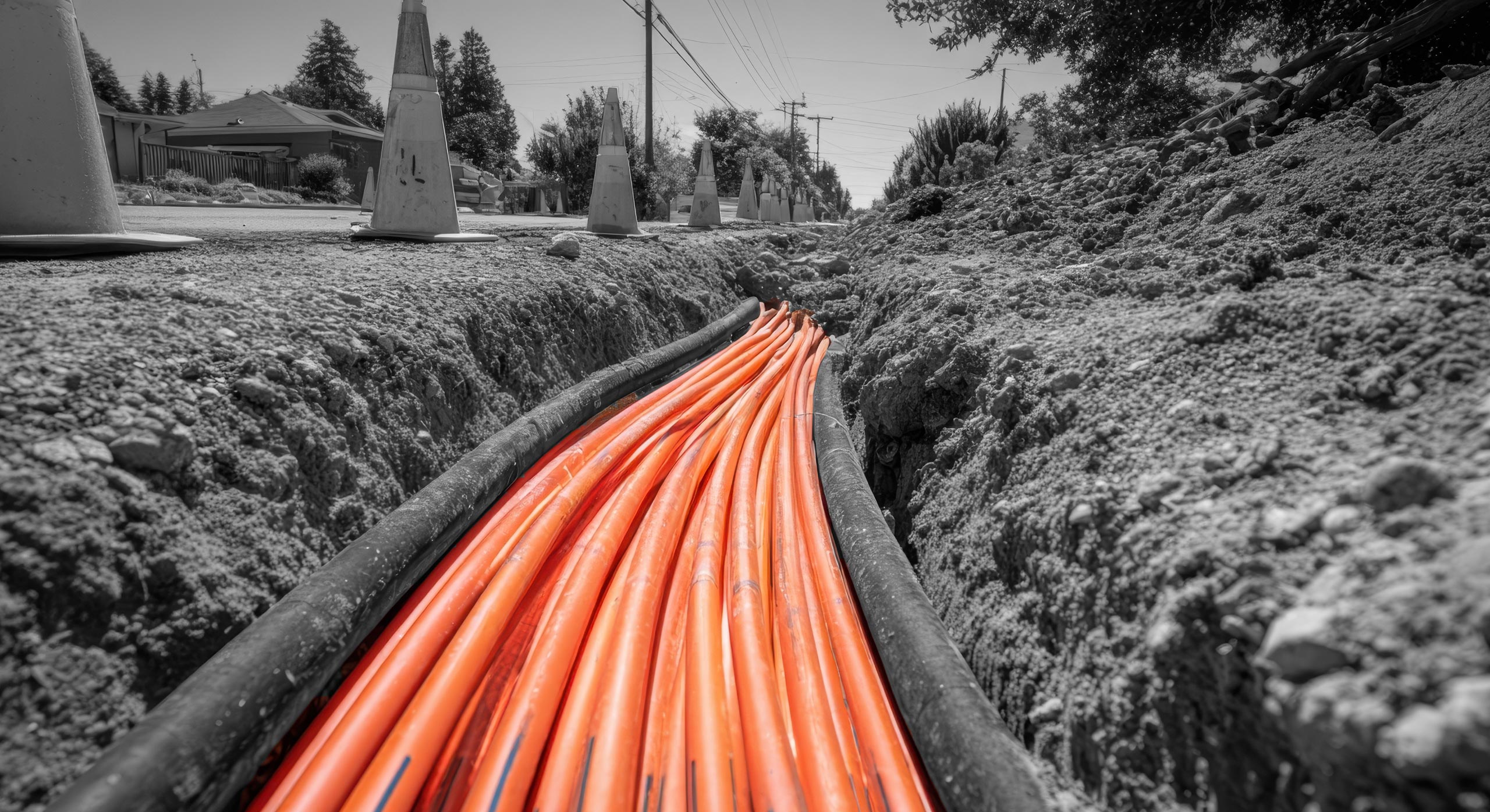 Installation of orange plastic utility conduit with UV protection.